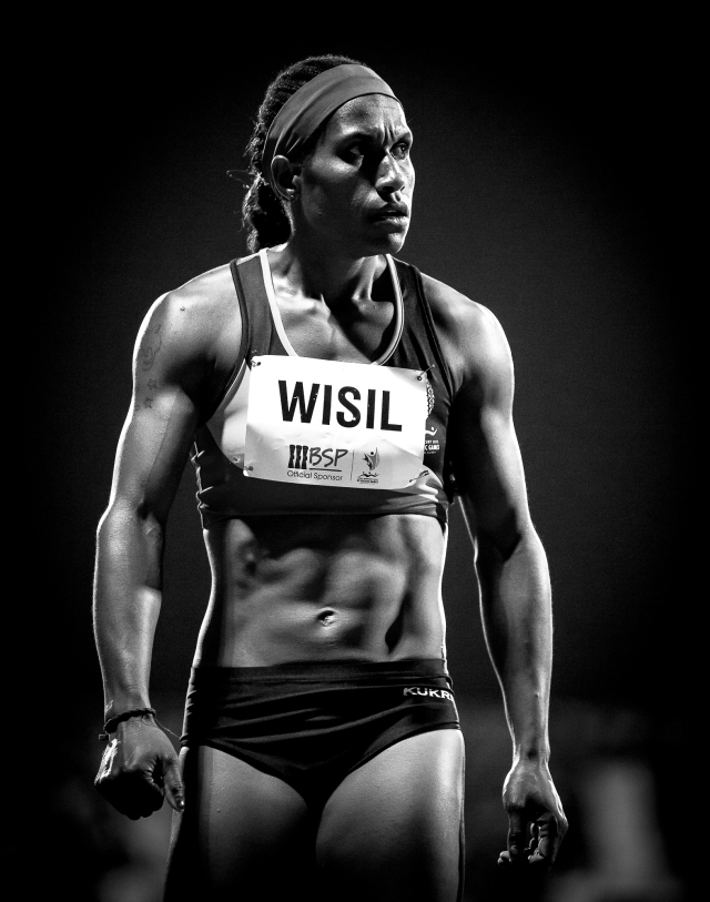 Wisil in the dark: Toea Wisil lines up for the women's 400m on Wednesday. Photo Dave Buller.
